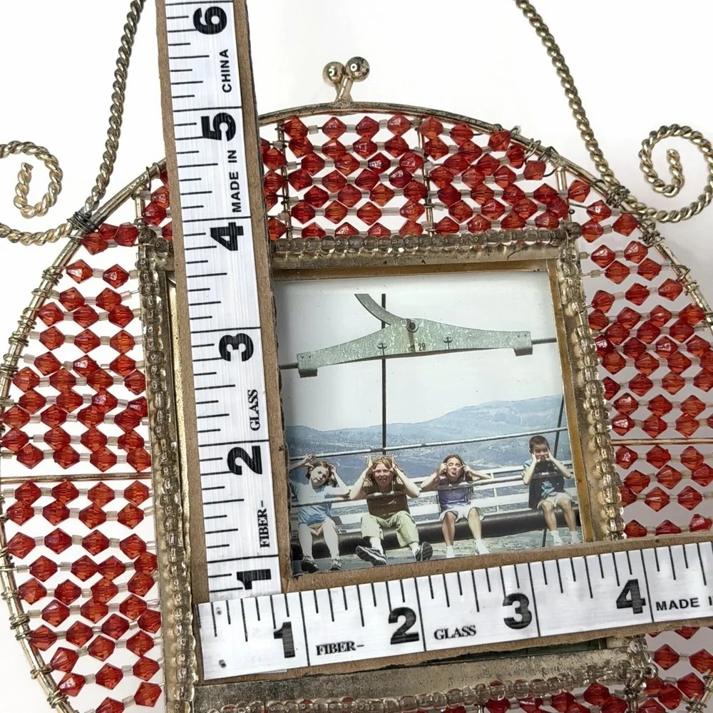 Vintage Purse Red Beaded Gold Tone Metal Picture Frame